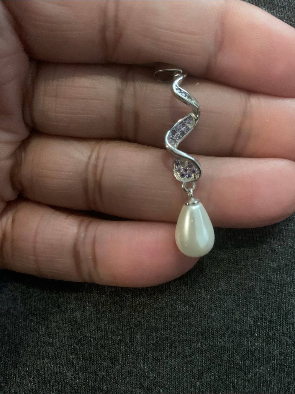 Vintage Sterling Silver Pearl Drop Pendant with Amethyst Accents